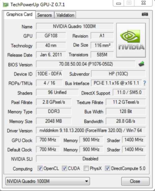 характеристики NVidia Quadro 1000M