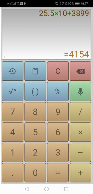 Калькулятор для Android: 25,5×10+3899